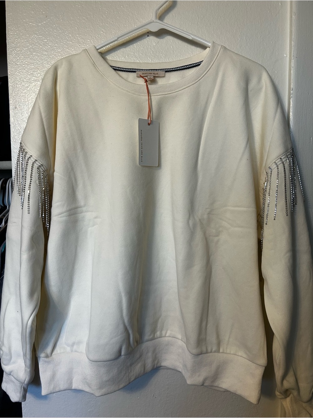 Skies Are Blue Cream Crewneck Sweatshirt with Rhinestone Fringe